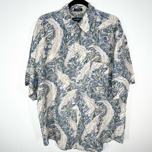 Chereskin 100% Silk Alligator Crocdile Print Short Sleeve Button Down Shirt L